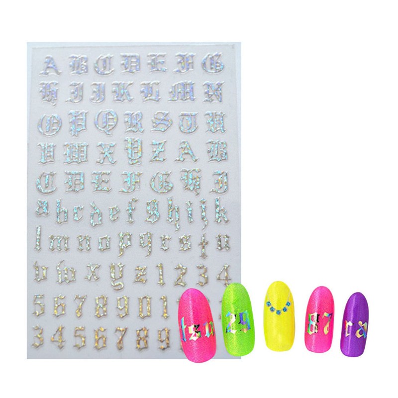 4 Lembar Stiker Kuku Desain Alfabet Inggris 3d Holografik Glitter Dengan Perekat Untuk Dekorasi Manicure
