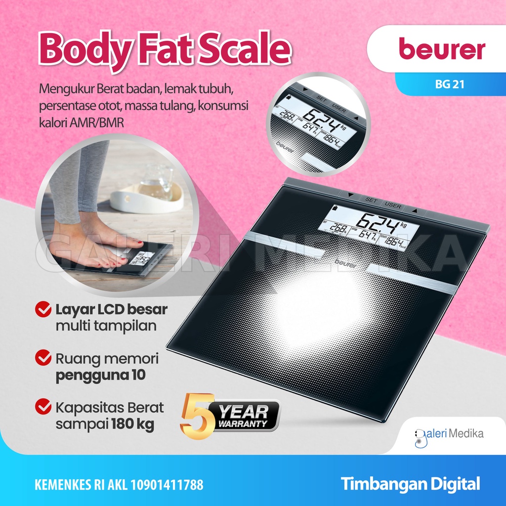 Beurer BG 21 / BG21 / BG-21 Timbangan Lemak BMI Ukur Hingga 180Kg