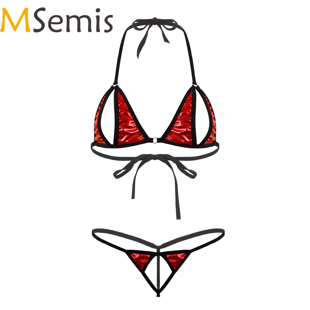 PREORDER Baru Wanita Hollow Keluar Puting Erotis Logam Mengkilap Mini Bikini Kulit Bikini Set