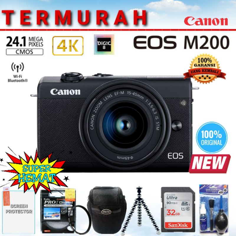 KAMERA MIRORLESS 4K CANON EOS M200 + LENSA 15-45MM IS STM BERGARANSI 1 TAHUN DAN ORIGINAL 100%