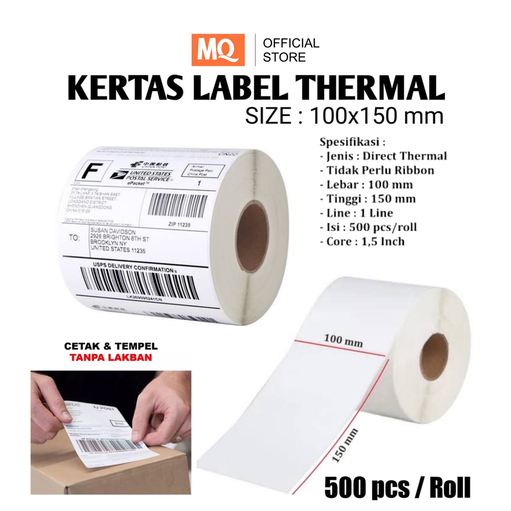 MQ Kertas Thermal Kertas Print RESI JOB Thermal Tempel 100x150mm &amp; 100x100mm  isi 500 lembar