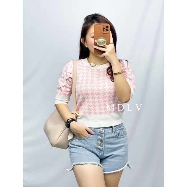 MDLV ~ 6392# Houndstooth Knit Cropped Top Atasan Rajut Motif Houndstooth Fashion Import