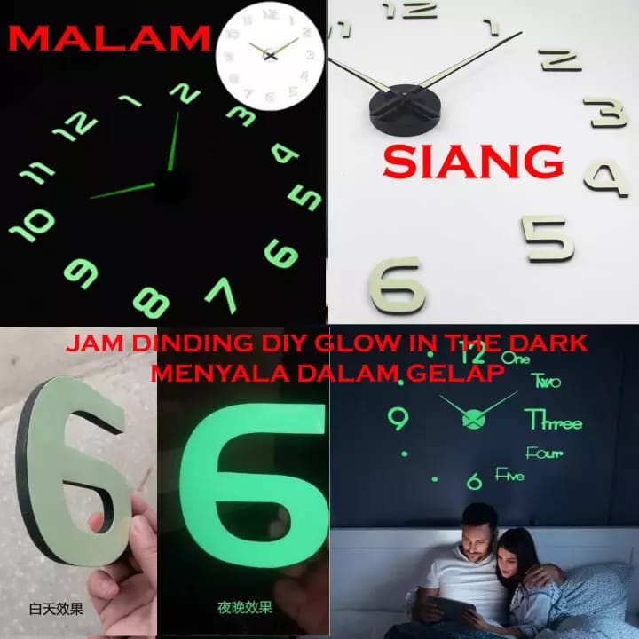 Jam Dinding Besar DIY Giant Wall Clock Quartz Glow in The Dark 80-130cm - Jam glow in the dark - Jam dinding tempel tembok - Jam dinding aesthetic - Jam dinding unik - Jam dinding murah - Jam dinding tempel tembok 3d nyala - Jam dinding lucu dan unik