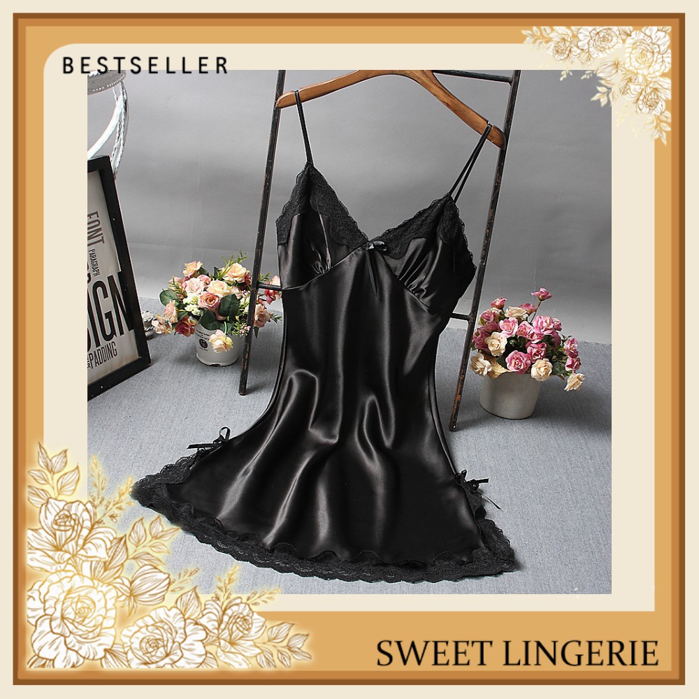 Lingeri Lingerie Set Baju Gaun G String Underware Tidur Wanita Dewasa Sexy Seksi Hot Satin Premium Lingerie Sexy Renda  Baju Tidur Sexy Dress Wanita Dewasa Lingerie Jumbo Setelan Wanita Baju Dinas Depan Suami Sleepwear Gstring Baju haram  Termurah Baju-Hitam