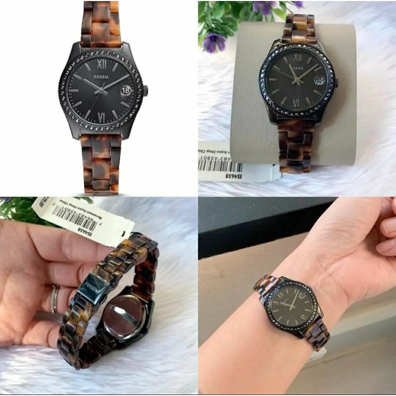 Jam FOSSIL Wanita || Fossil Watch NWT ES4638 || Scarlette Minni Three-Hand Tortoise Acetate Watch