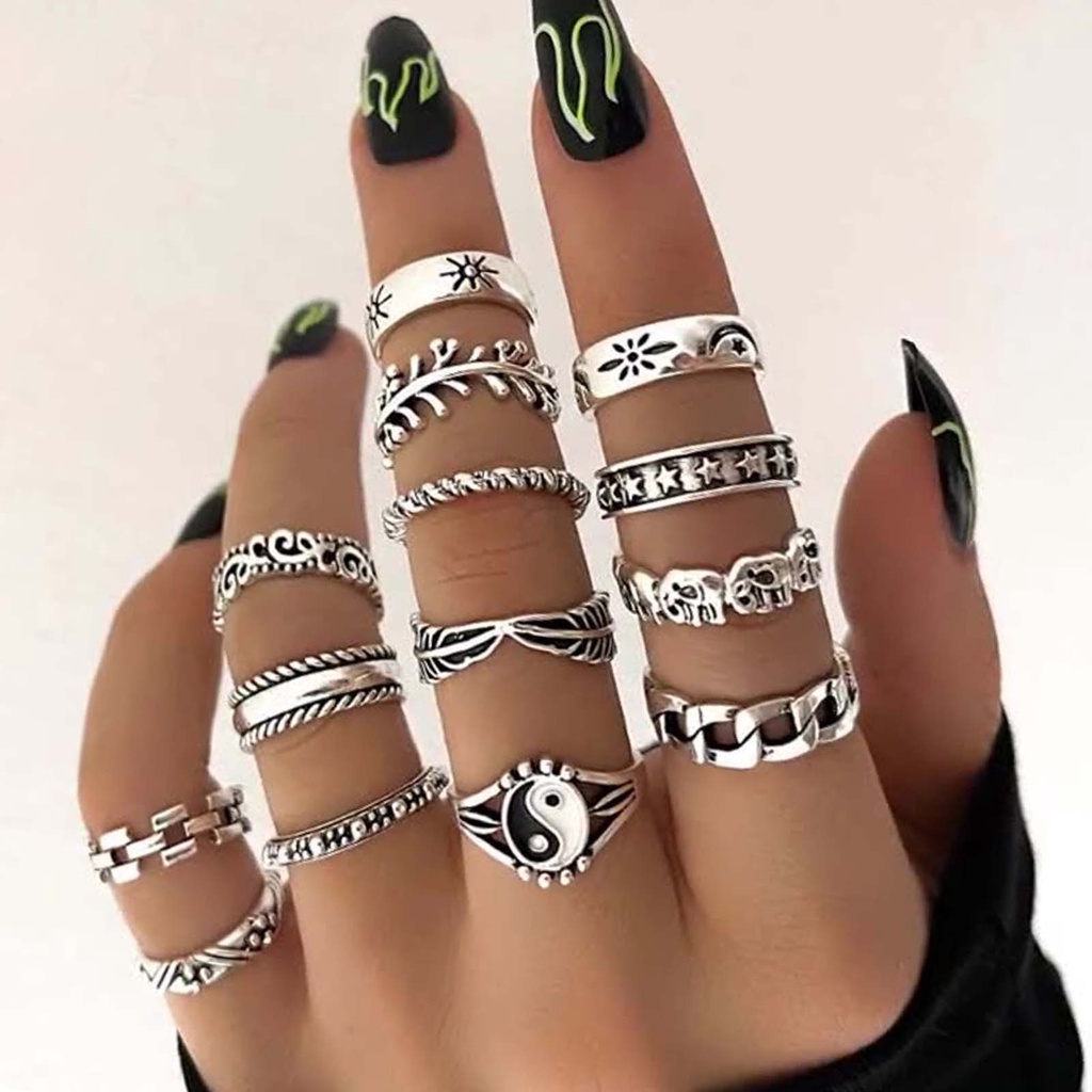 Hu Hu Hu Hu Hu Alat Bantu Pasang Kacamata♡ 14 Pcs Cincin Knuckle Stackable Untuk Wanita