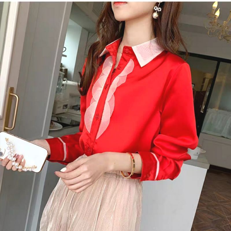 MDLV ~ 0949# CNY Moira Lace Placket Shirt Premium Kemeja Merah Import Fashion Import