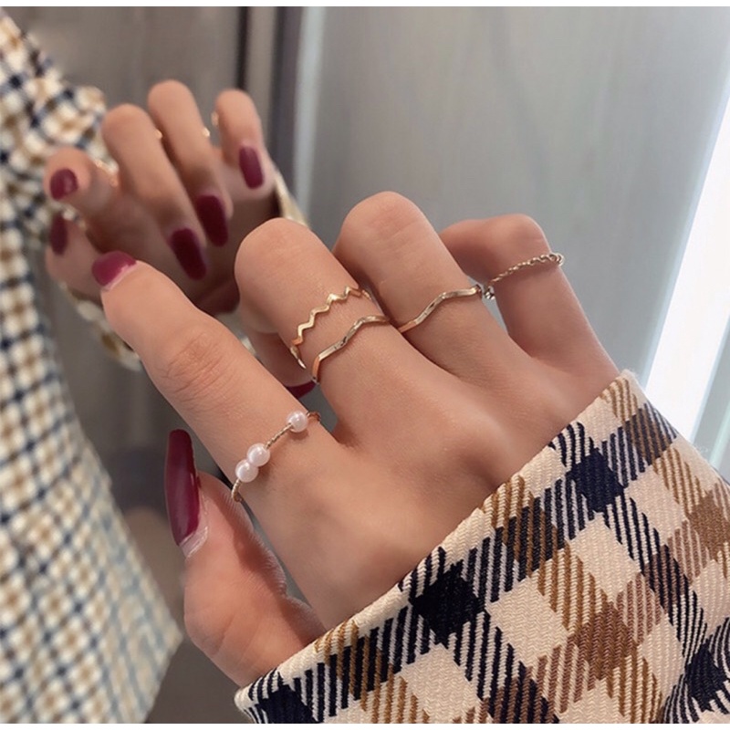 5PCS/Set Cincin Jari Telunjuk Simple Desain Gelombang Hias Mutiara