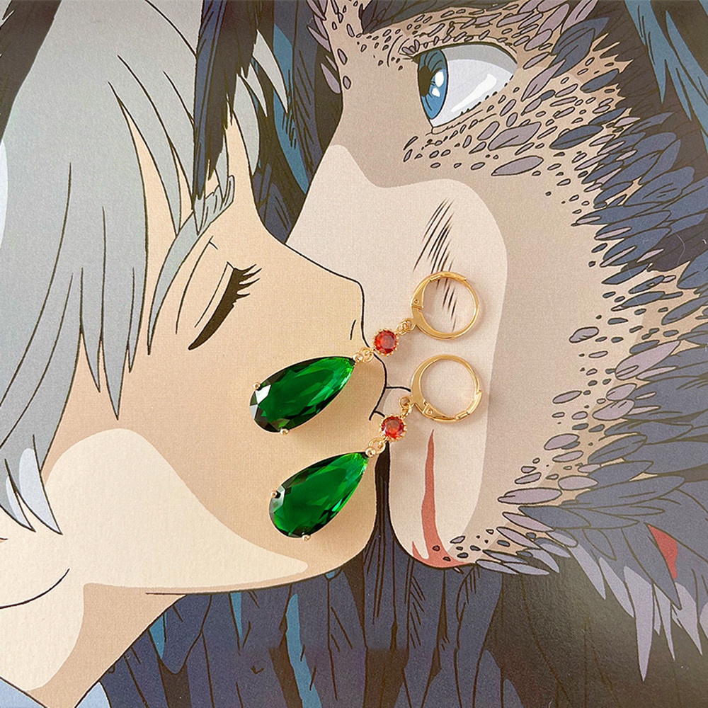 1 Pasang Anting Liontin Batu Permata Hijau Desain Anime Howl 's Moving Castle Gaya Retro Untuk Wanita