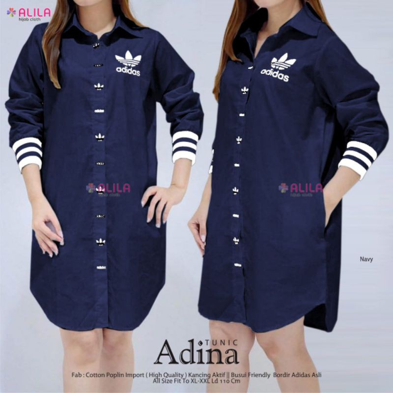 TUNIK ADINA, BAHAN COTTON POPLIN IMPORT HQ, LD.110 FIT XL-XXL, AKSEN BORDIR ADIDAS ASLI