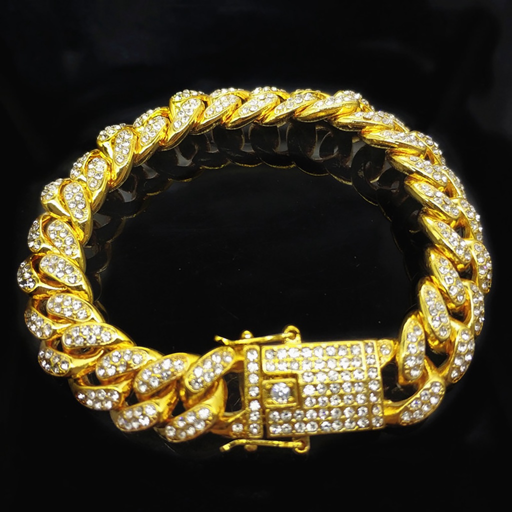 canaan Hip Hop Men Cuban Link Chain Bracelet Shiny Rhinestone Inlaid Bangle Jewelry