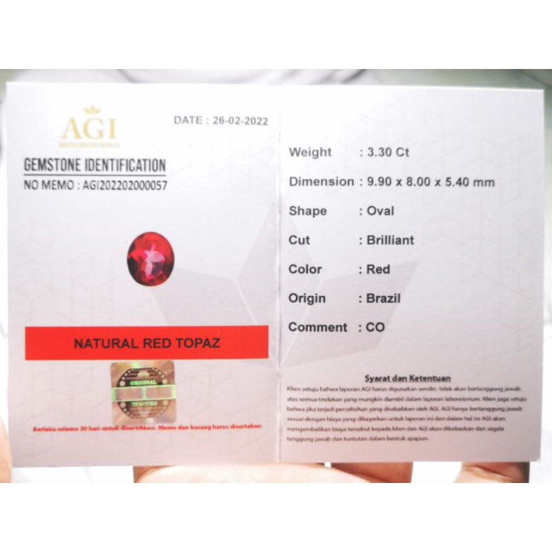 NATURAL RED TOPAZ LUSTER MEMO AGI GEMS LAB
