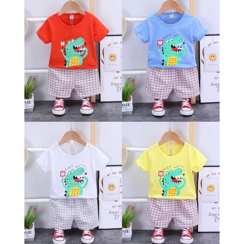 GOZILLA SUIT Baju Setelan Kaos Celana Pergi Jalan Lucu Fashion Anak Bayi Cowok Laki Terlaris Lucu