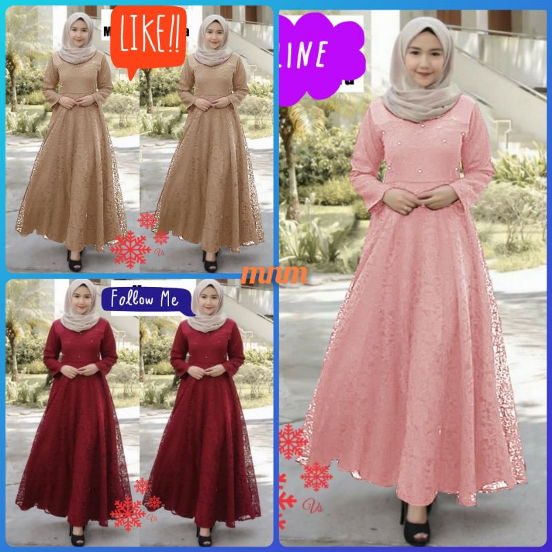 GAMIS SERAGAMAN PESTA PERNIKAHAN DRESS MUSLIMAH MEWAH ELEGAN MURAH BAHAN MOSCREPE BRUKAT MUTIARA TEM