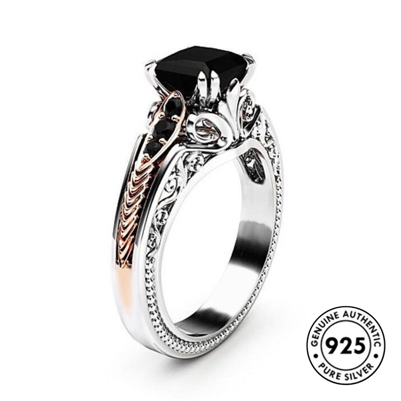 Cincin S925 Silver Princess Power Black Bentuk Persegi Aksen Berlian