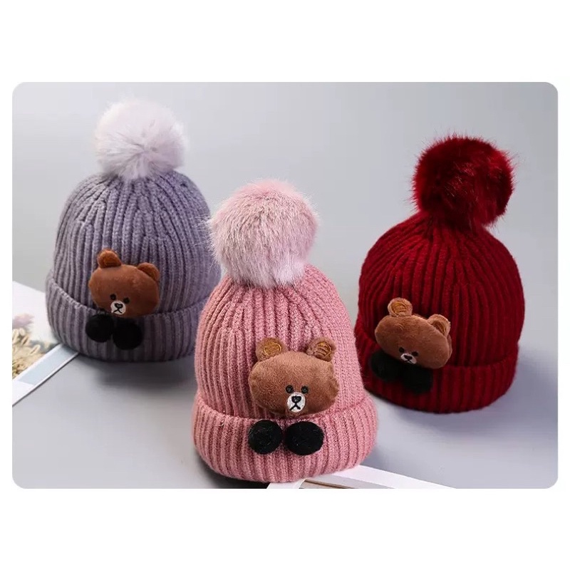 Topi kupluk wol lembut topi pom pom topi rajut newborn bayi baby knitted hat Bear