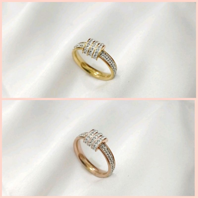 Cincin titanium / Cincin fashion batu susun 3 baris antikarat antialergi tidak mudah luntur