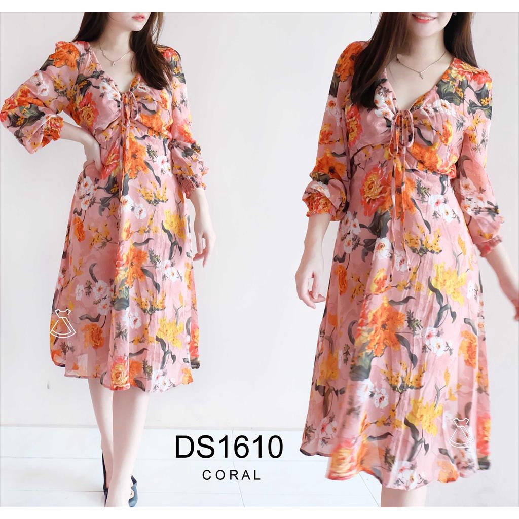 DS1610 - DRESS CASUAL WANITA BASIC FLOWER COMFY PASTEL KOREAN LOOK