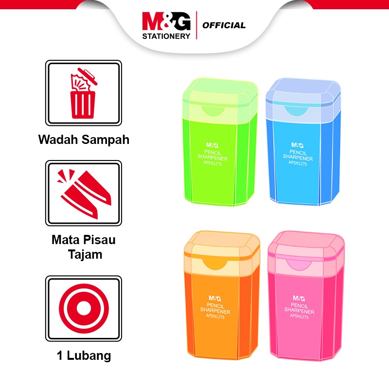 

M&G Rautan/Serutan Pensil 1 Lubang + Wadah Sampah 4 Warna