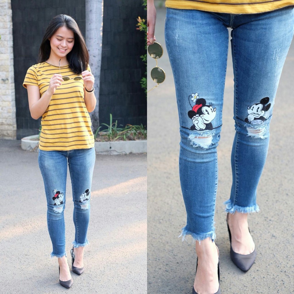 42 Celana Jeans wanita skinny motif mickey mouse couple stretch