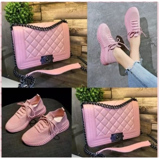 paket tas dan sepaatu sneakers wanita pink strar yellow dan black