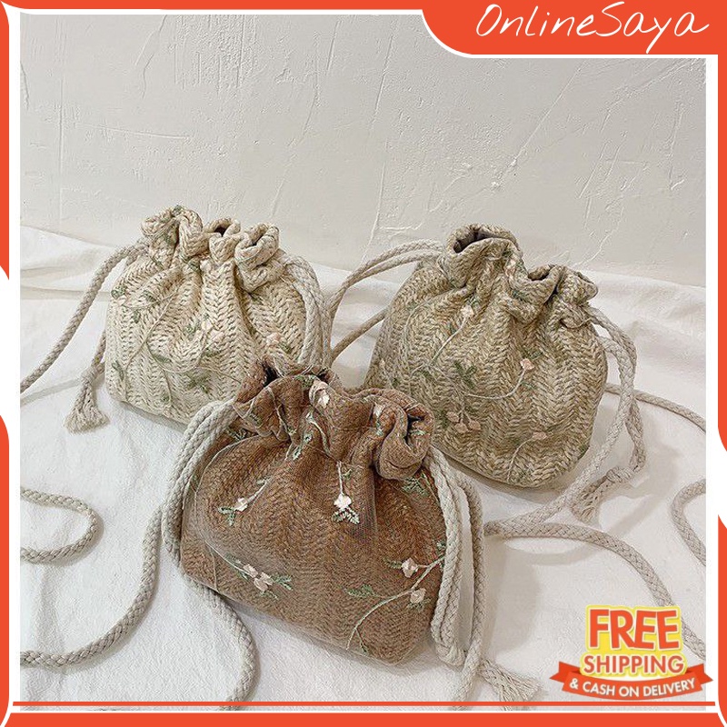 Tas Selempang Bucket Serut Bahan Anyaman Motif Bunga LaceTas Serut Lace Flower 0810