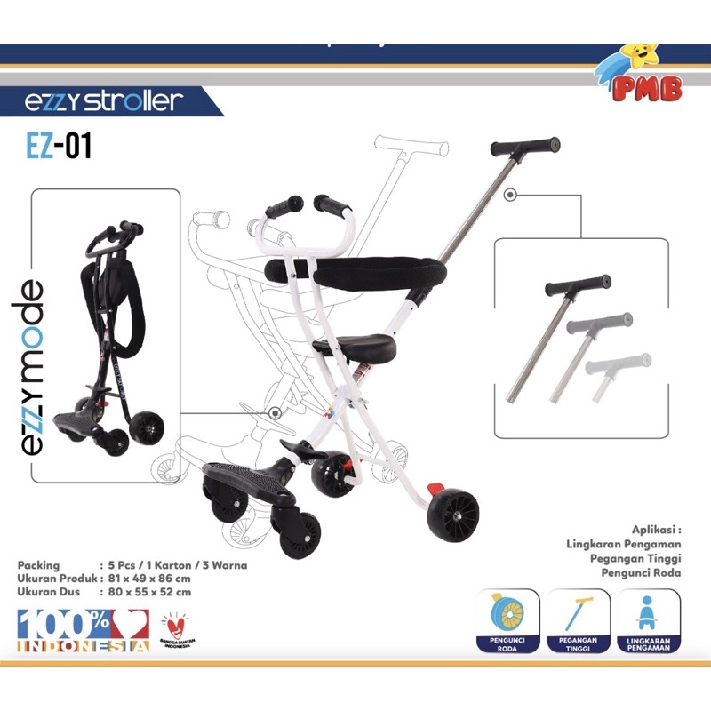 Stroller Anak PMB Ezzy EZ01 EZ02 Kereta Dorong Balita Trike Sepeda Anak Lipat SNI Garansi-Putih