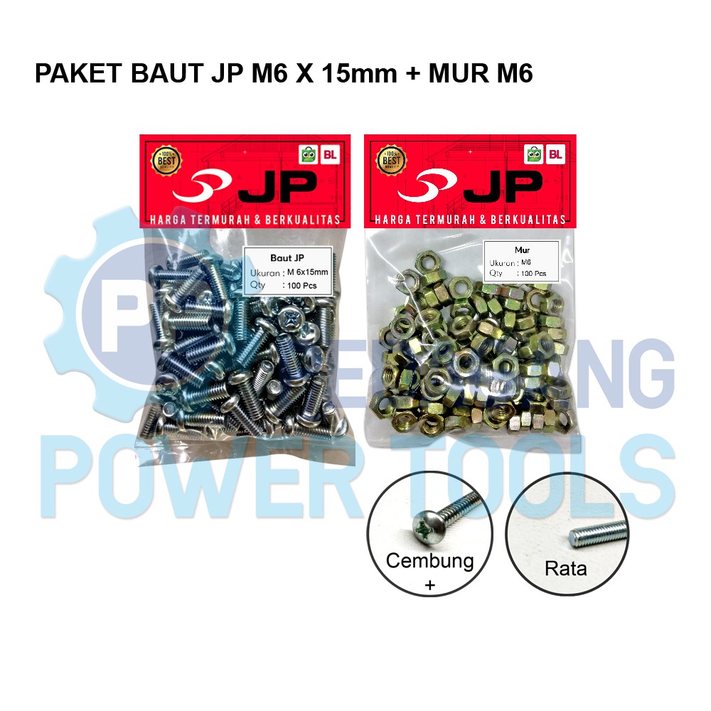 PAKET 2 SET BAUT MUR 6x15 BAUT JP M 6 x 15 MM MUR M6 SKRUP ISI 100 PCS