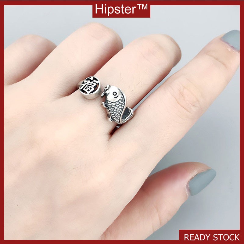 Same Style Retro Chinese Style Fu Character Fish Adjustable Ring