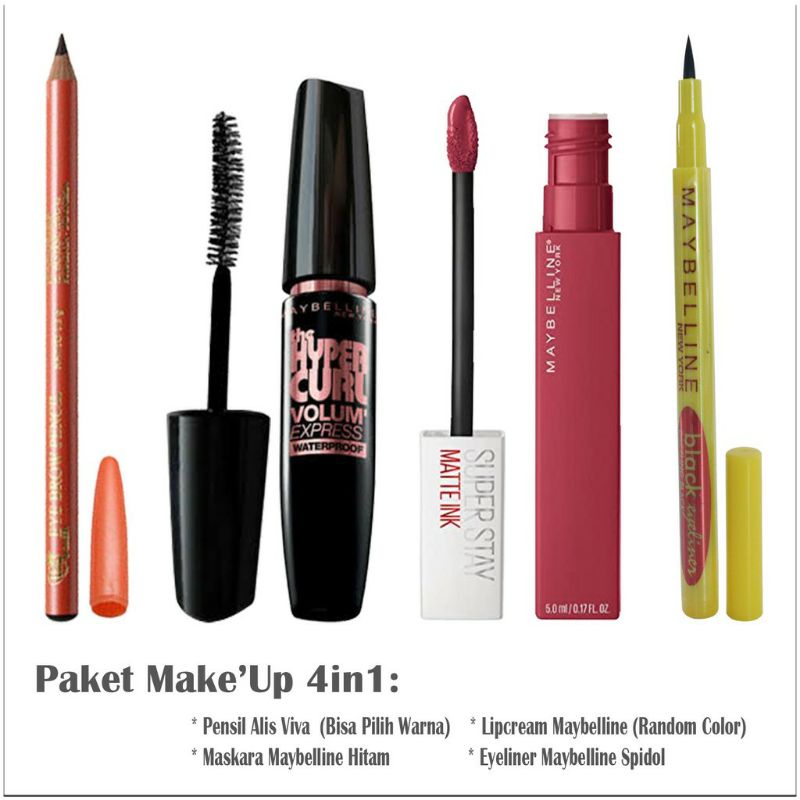 Paket Hemat Maskara Hypercurl + Pensil Alis Viva + Lipcream + Eyeliner Spidol Maybelline