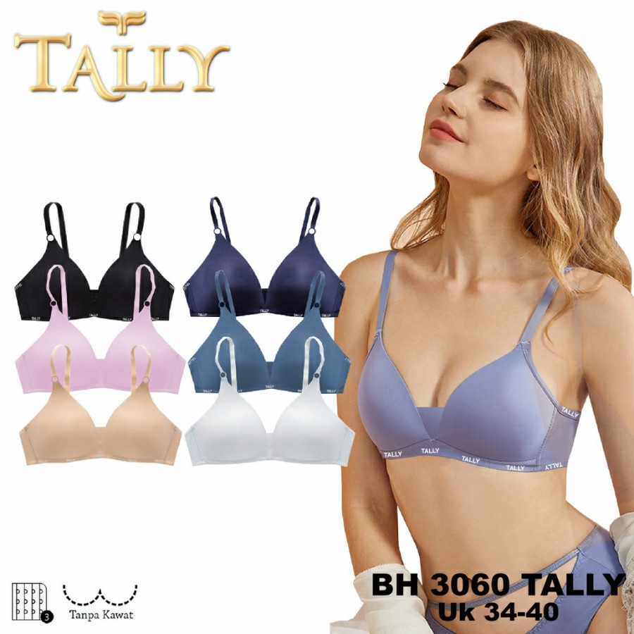 TALLY Bra Tanpa Kawat Busa Tipis Bahan Licin Kait 3 Cup B Bh Harian Nyaman BH 3060