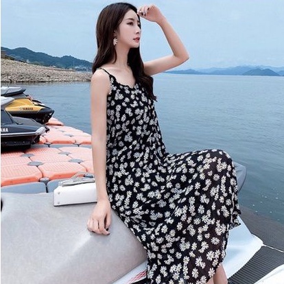 Dress Panjang Korea lengan pendek motif bunga model korean style
