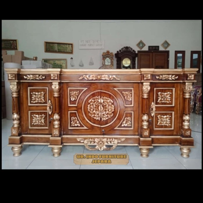Meja Tv bufet pendek pajangan hias besar ukir warna ukir emas Jepara