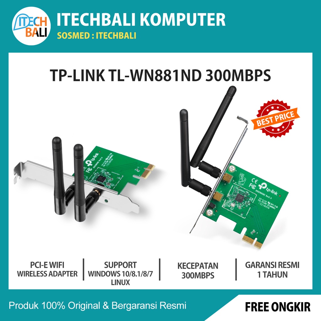 Wireless PCle Adapter TP-LINK TL-WN881ND 300Mbps Original | ITECHBALI