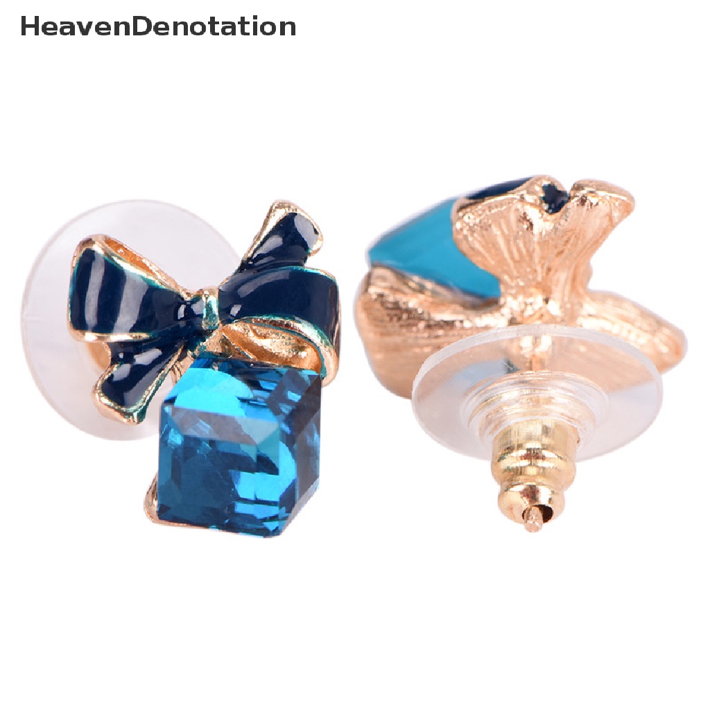 Anting Stud Desain Pita Aksen Kristal Berlian Imitasi Warna Biru Untuk Wanita