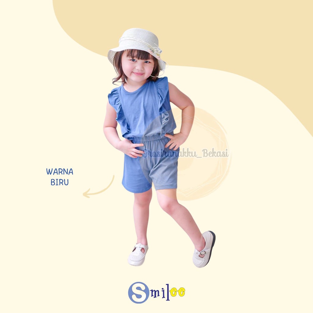 Jumpsuit Anak Smilee Nada Polos Warna Biru Size 1-5Thn