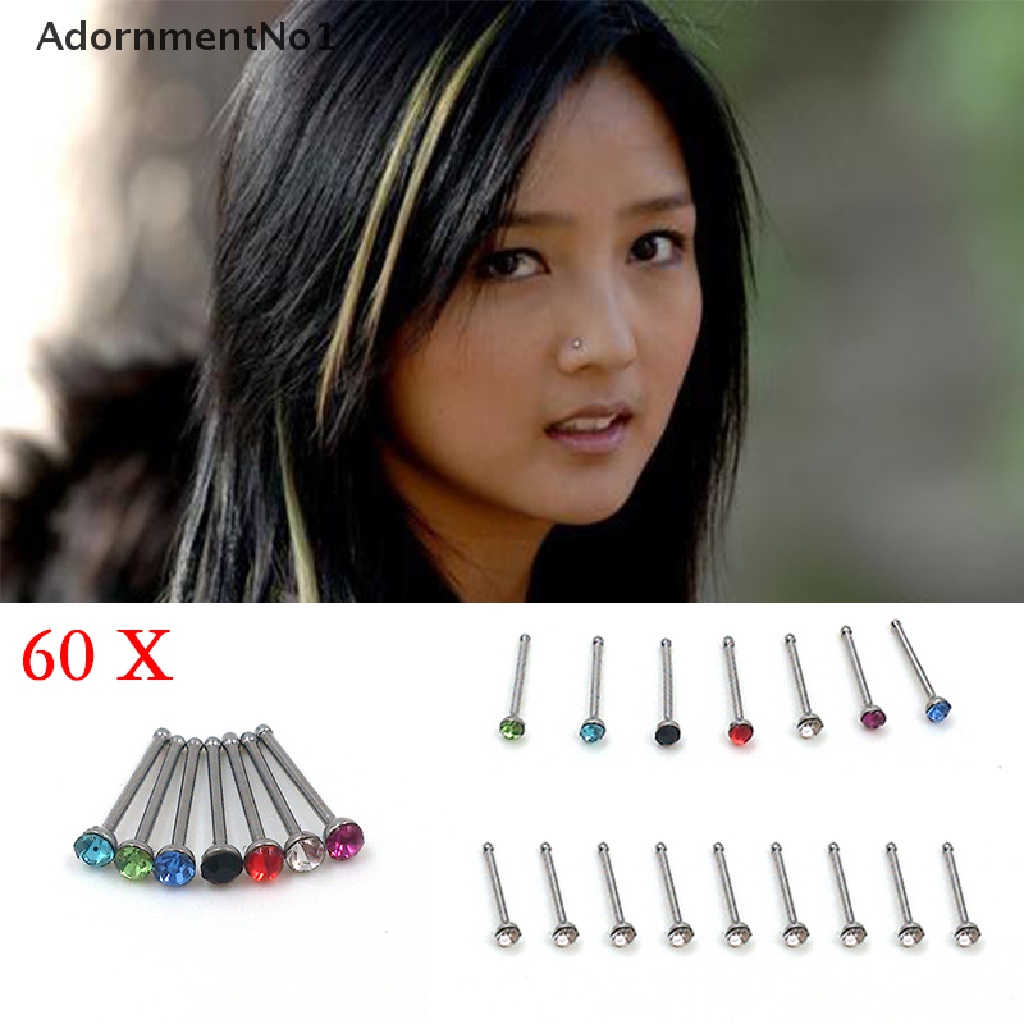 (AdornmentNo1) 60pcs / Set Anting Tindik Hidung Aksen Kristal + Berlian Imitasi Bahan Stainless Steel Untuk Wanita
