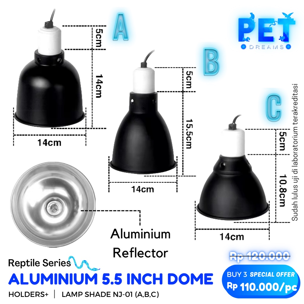 ALUMINIUM DOME 5.5&quot; FITTING CERAMIC GANTUNG FITING KERAMIK LAMPU REFLEKTOR REPTIL SULCATA KURA