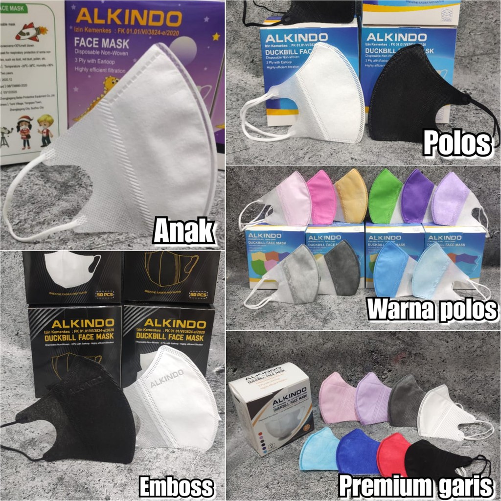 PER 1 BOX ISI 50 - MASKER DUCKBILL ALKINDO &amp; MOUSON 4PLY PUTIH HITAM MIX WARNA EMBOS TERMURAH FACE MASK WARNA HITAM PUTIH ANAK RAINBOW - NEW GARIS