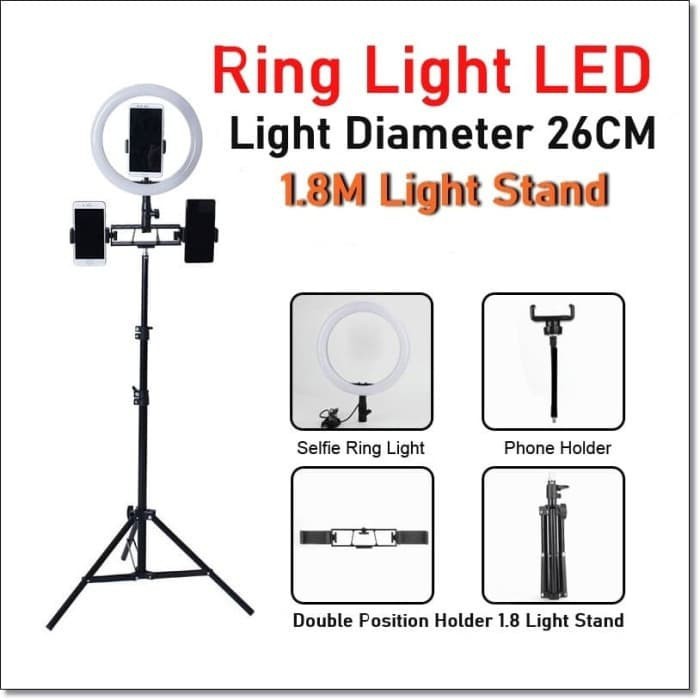 Lampu Halo Ring Light LED Kamera 12W 10 Inch with 3 Holder + Tripod