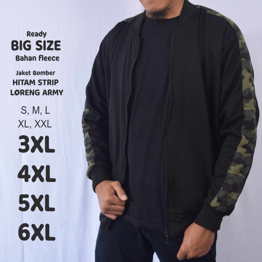 Jaket Bomber Hitam Strip Loreng Army Pria Jumbo Big Size - Hitam