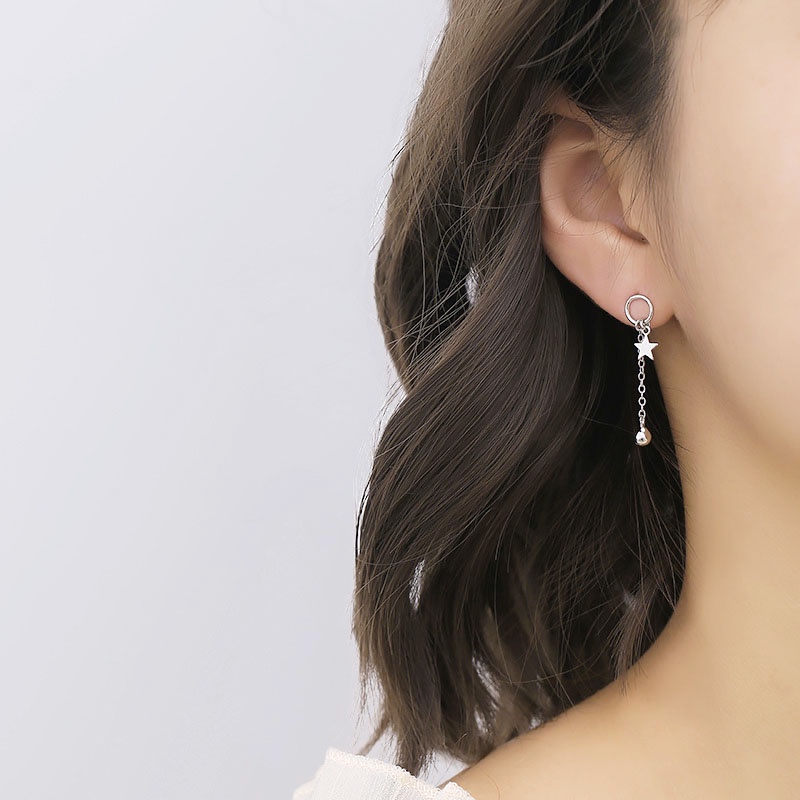 Anting Stud Rantai Menjuntai Bentuk Bintang Warna Silver Untuk Wanita