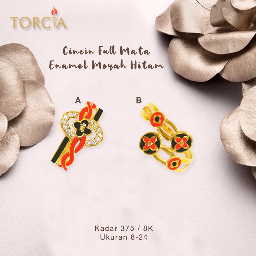 Cincin Emas Asli Full Mata Enamel Merah Hitam Kadar 375 Torcia