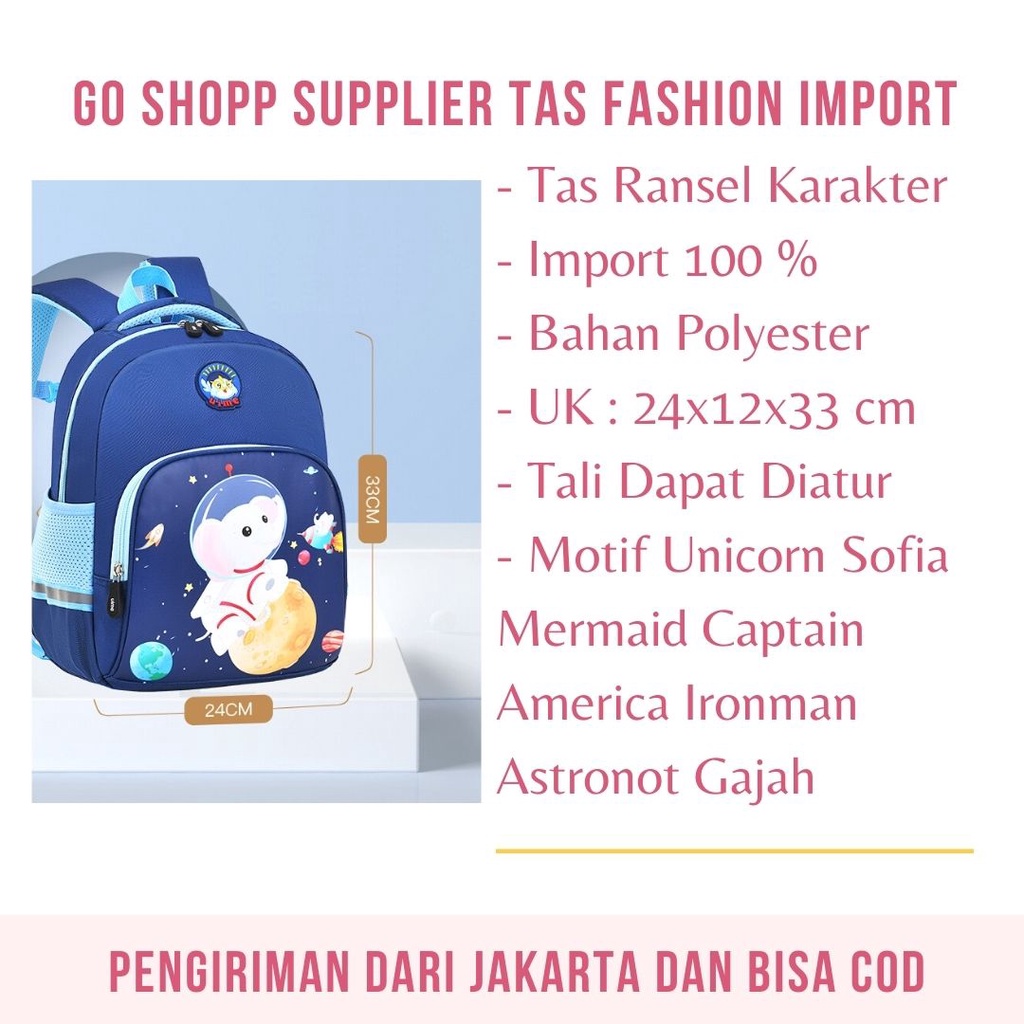 Tas Sekolah Anak Import Premium High Quality Terbaru - Tas Backpack Anak Motif Karakter Lucu -  Tas Ransel Anak Sekolah SD - Tas Anak Karakter Unicorn Captain America Ironman - Backpack Anak Sekolah Unisex [BK12]