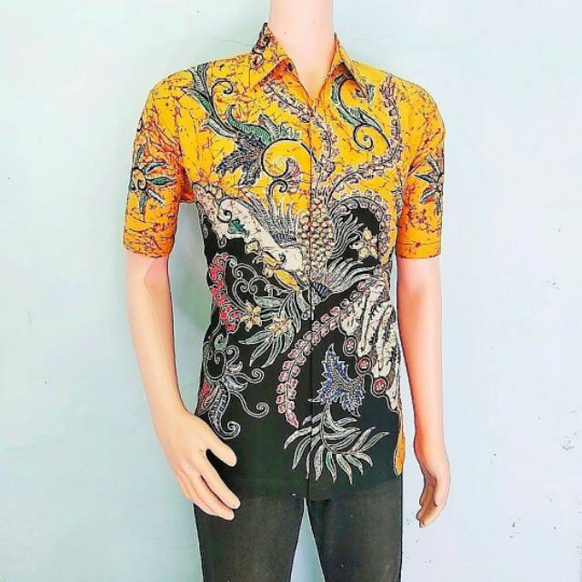 Baju Batik Tulis Pria Lengan Pendek Bahan Katun Premium Warna Kuning