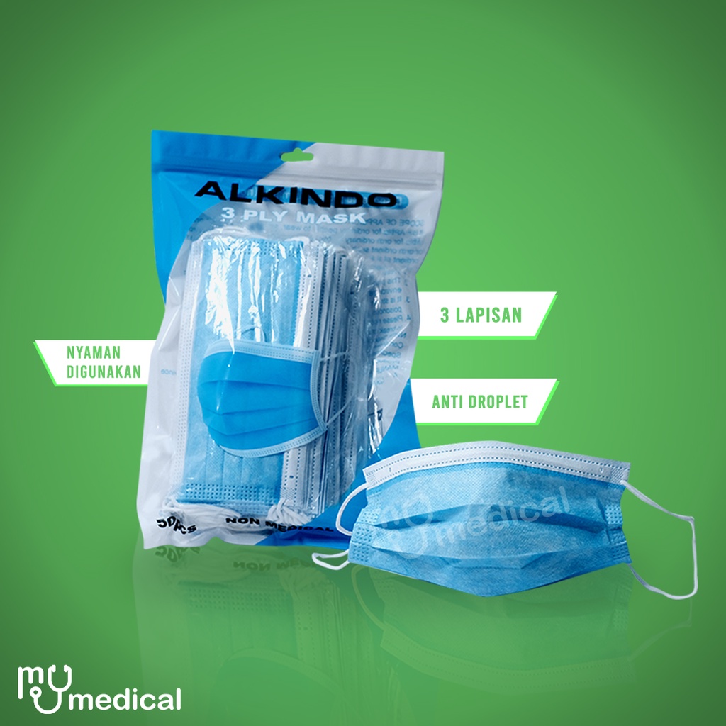 MASKER EARLOOP BIRU 3PLY ALKINDO 50PCS