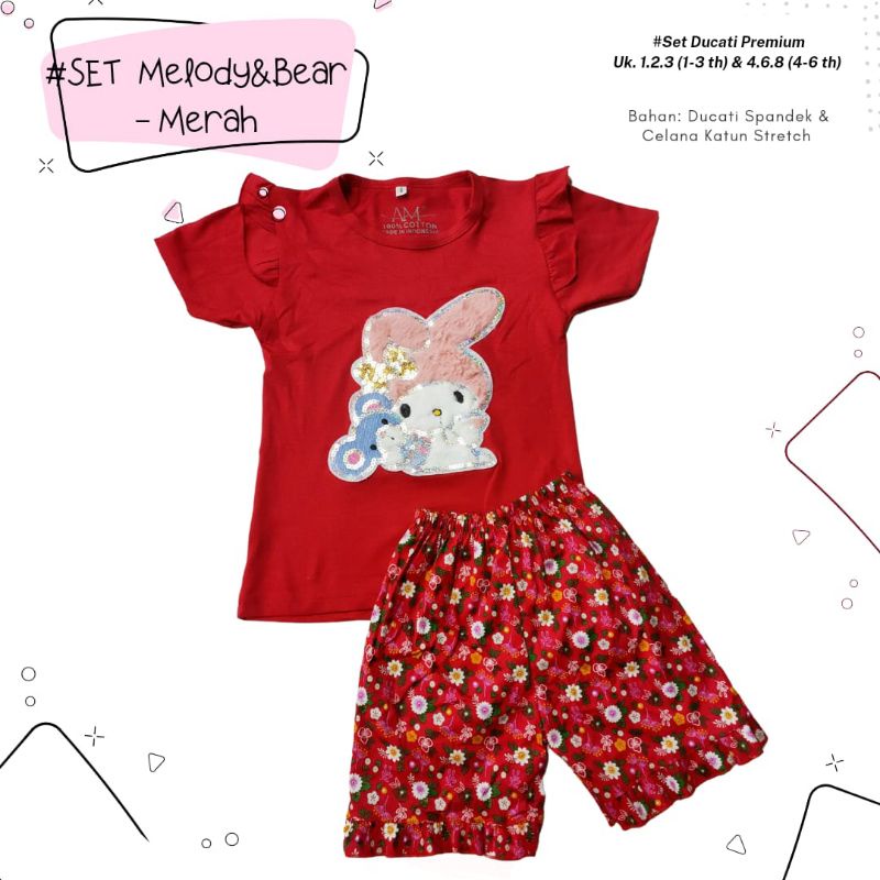 Setelan Anak Perempuan Size 1-5 tahun MELODY&amp;BEAR bahan Ducati Katun Spandek Premium