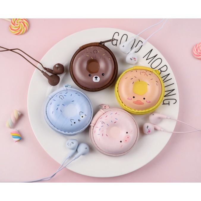 [E-244] / [KK-366] Set Headset Earphone Kartun ANIMAL DOUGHNUT / Wadah Earphone Karakter HEWAN Bentuk Donat Lucu