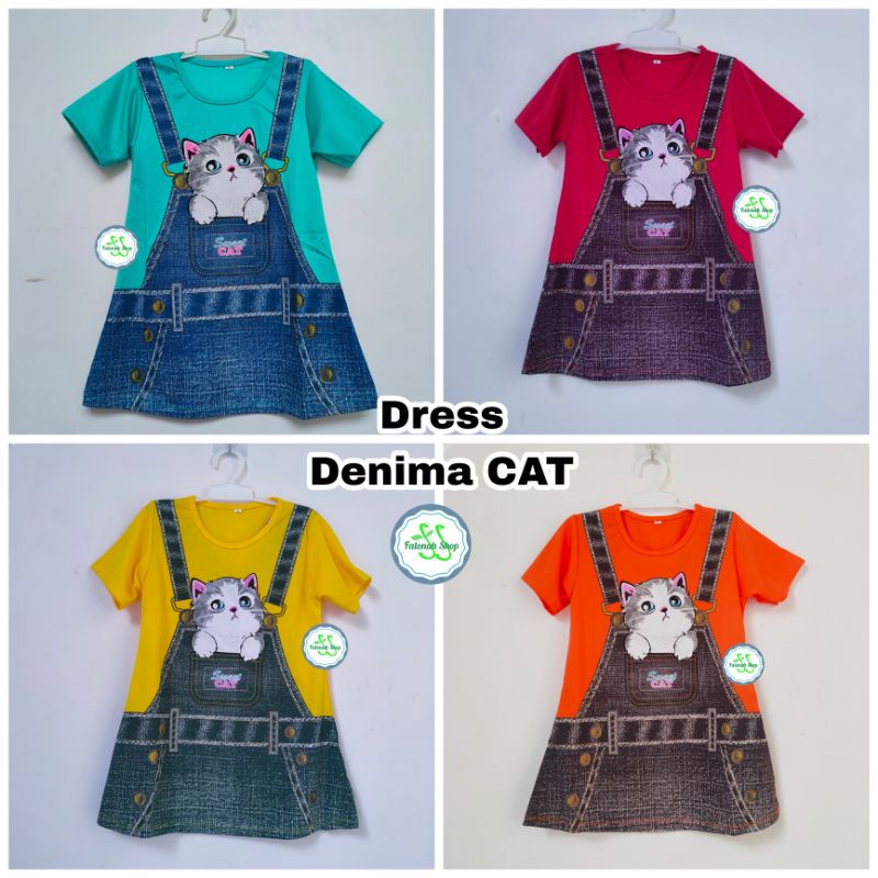 Dress Anak 1 2 3  tahun KUCING cat bear unyu adem Model baru fatonah shop jawa tengah merah kuning pink oren murah ( Dress DENIMA )