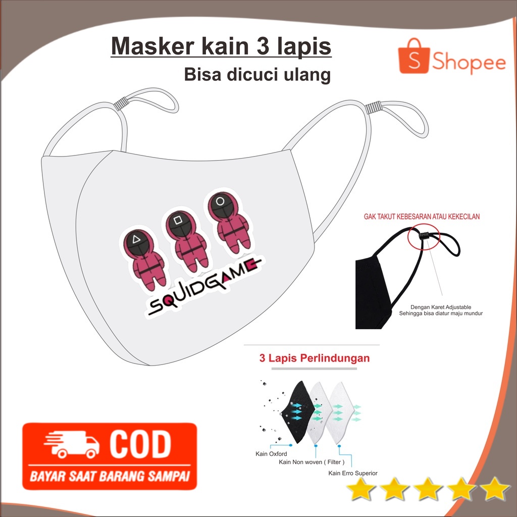 Jual Masker 3 Ply Kain Squid Game Viral Earloop Pria Dewasa Aksesoris